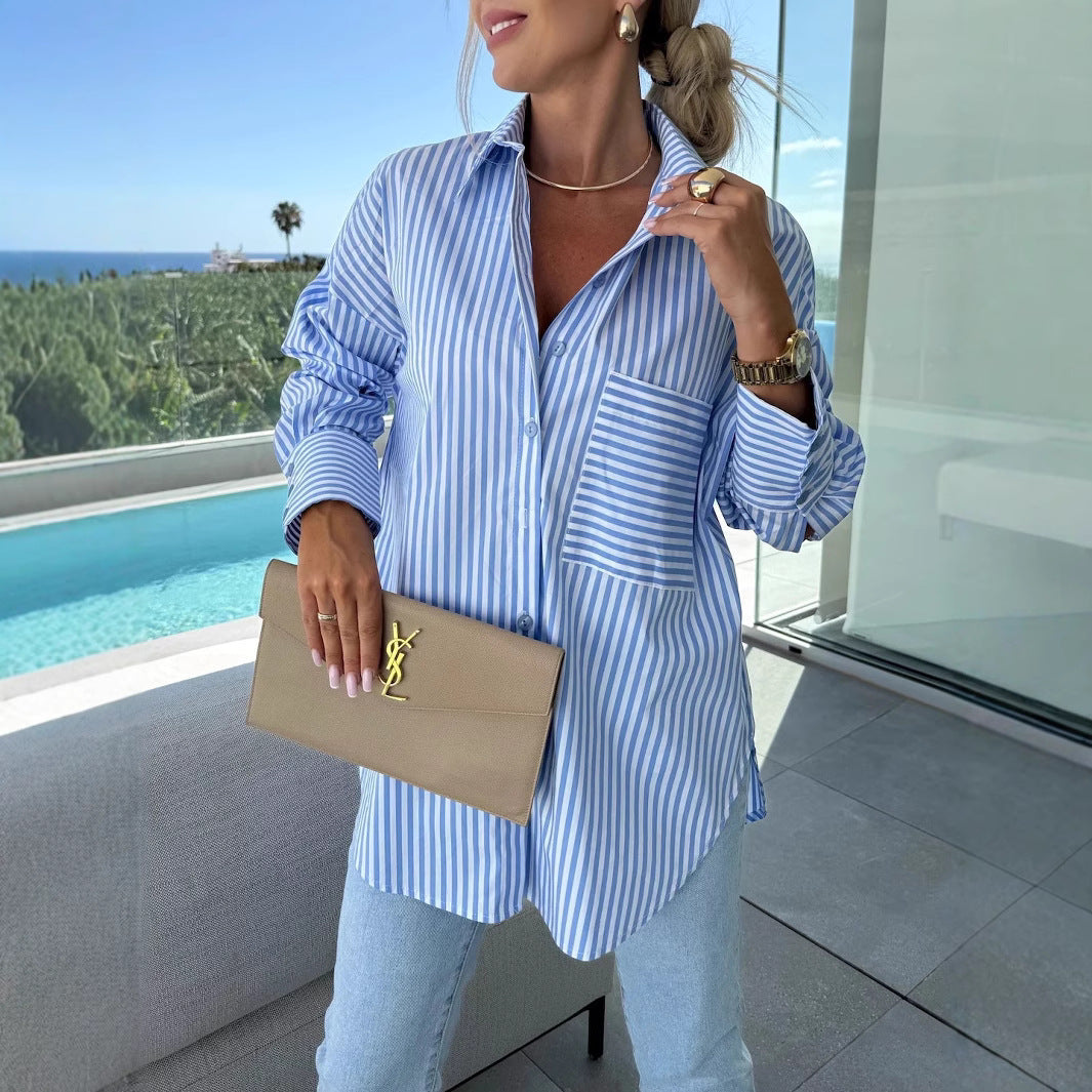 Spring Women Casual Button Striped Long Sleeve Shirt Shirt