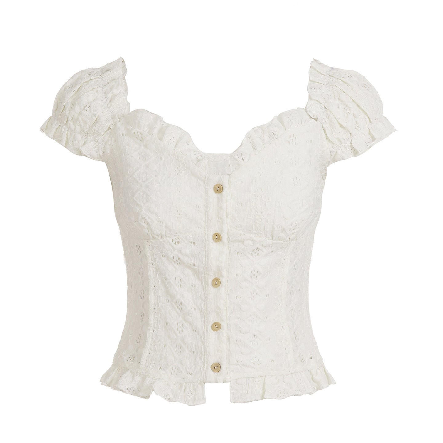 Summer French Texture Puff Sleeve T shirt Sweet Girl Jacquard Fabric Solid Color Slim Short Sleeved Tops