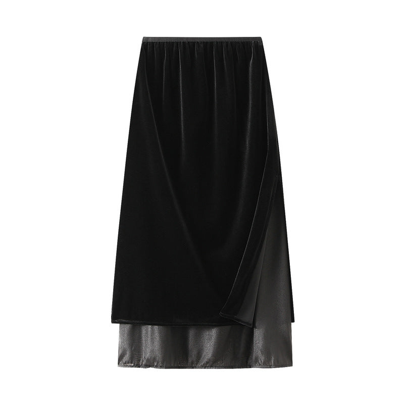 Women Retro Design Stitching Mesh Skirt Autumn A line Velvet Split Straight Skirt