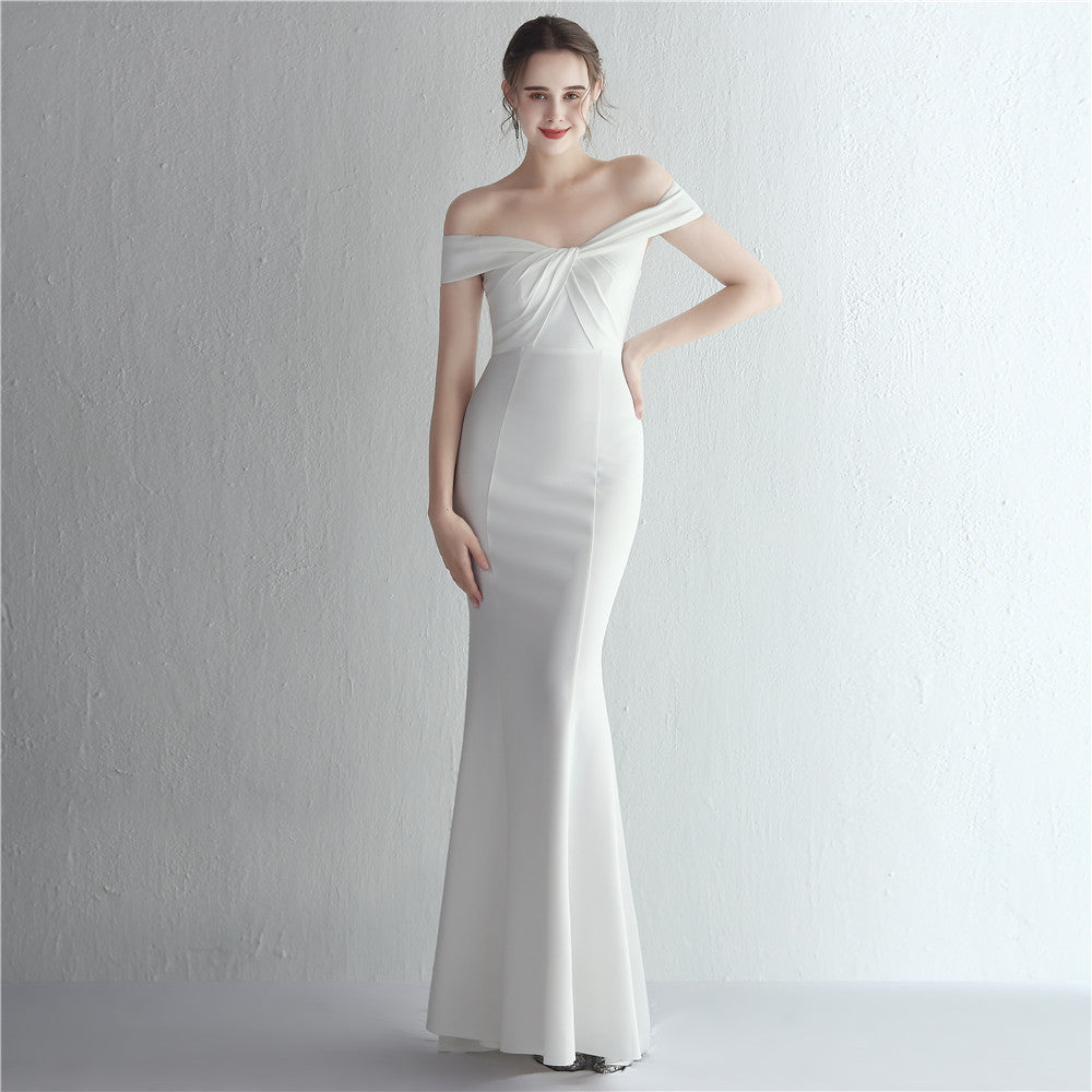 Satin Slim off Shoulder Long Debutante Gala Dinner Slimming Fishtail Wedding Car Model Show Dress