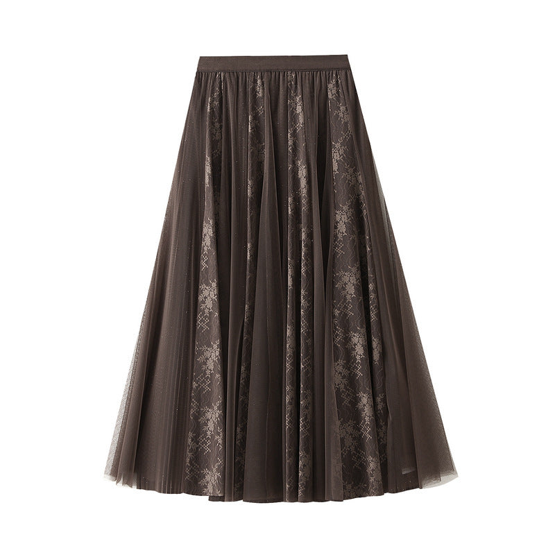 French Lace Mesh Patchwork High Waist Elastic Skirt Women Autumn Front Back Wear Slimming Elegant Maxi Skirt