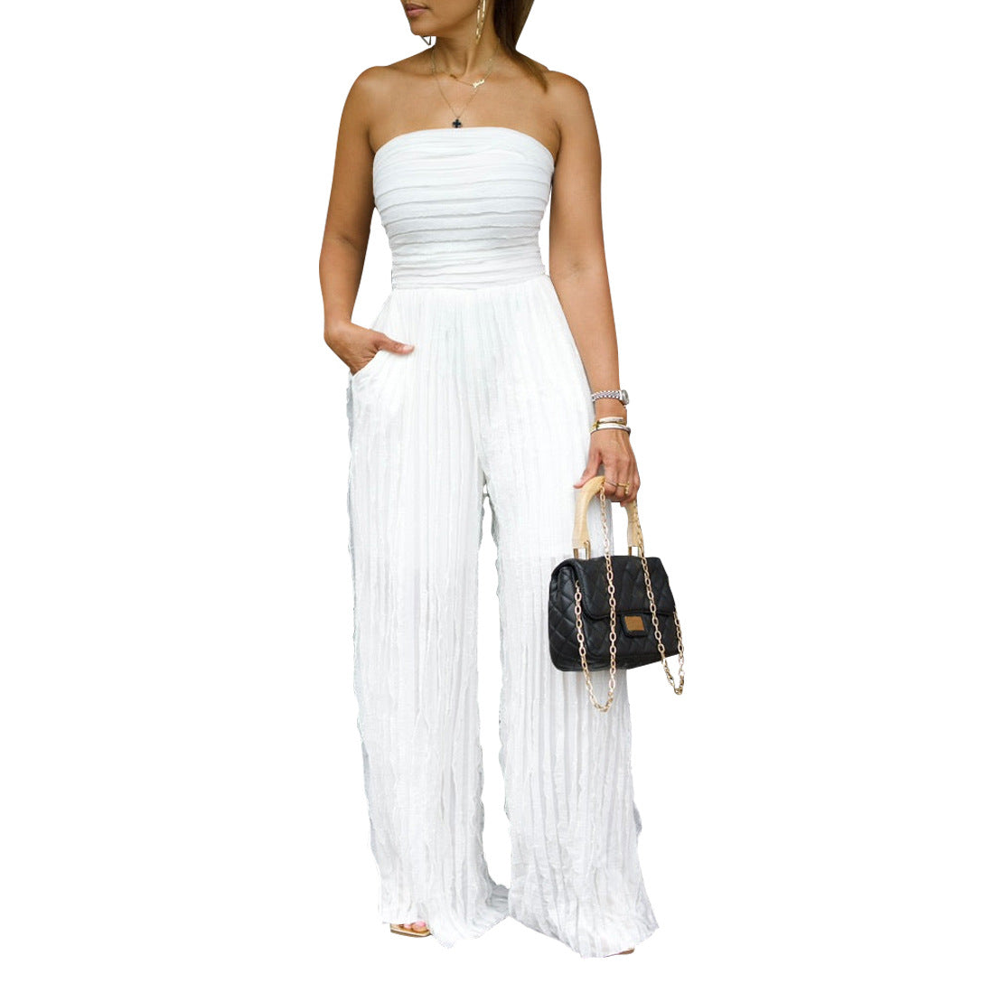 Women Clothing Jumpsuit High Waist Sexy Tube Top Sleeveless Wide Leg Casual Holiday Party Summer