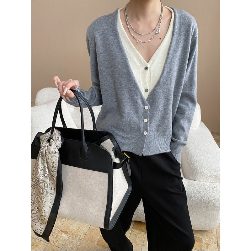 Layered Aesthetics Niche Design Contrast Colors False Two Piece V neck Figure Flattering Knit Cardigan