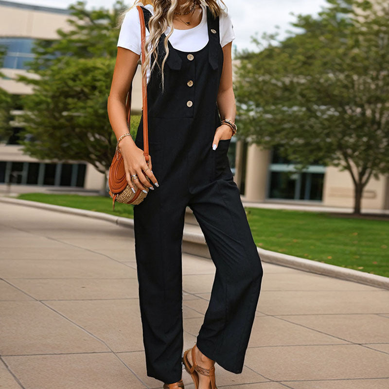 Summer Casual Simple Fastener Decoration Solid Color Suspenders Pants