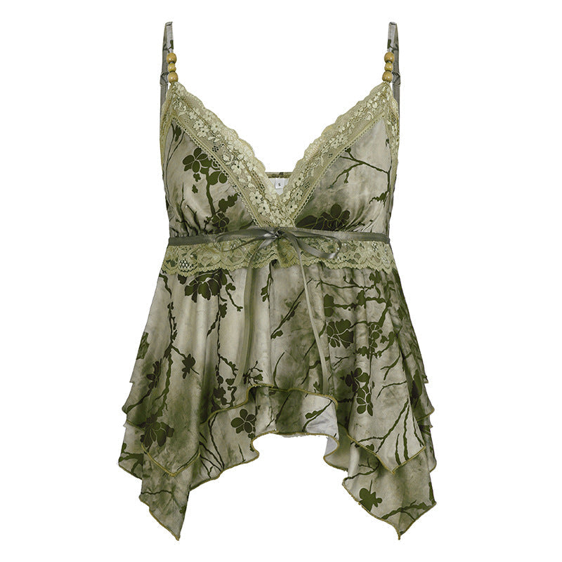 Summer Vacation Women Clothing V neck Sling Waist Irregular Asymmetric Retro Patchwork Top