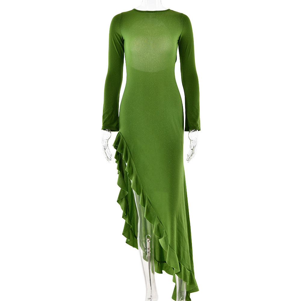 Sexy Women Wear Summer Solid Color Round Neck Long Sleeve Backless High Slit Dress