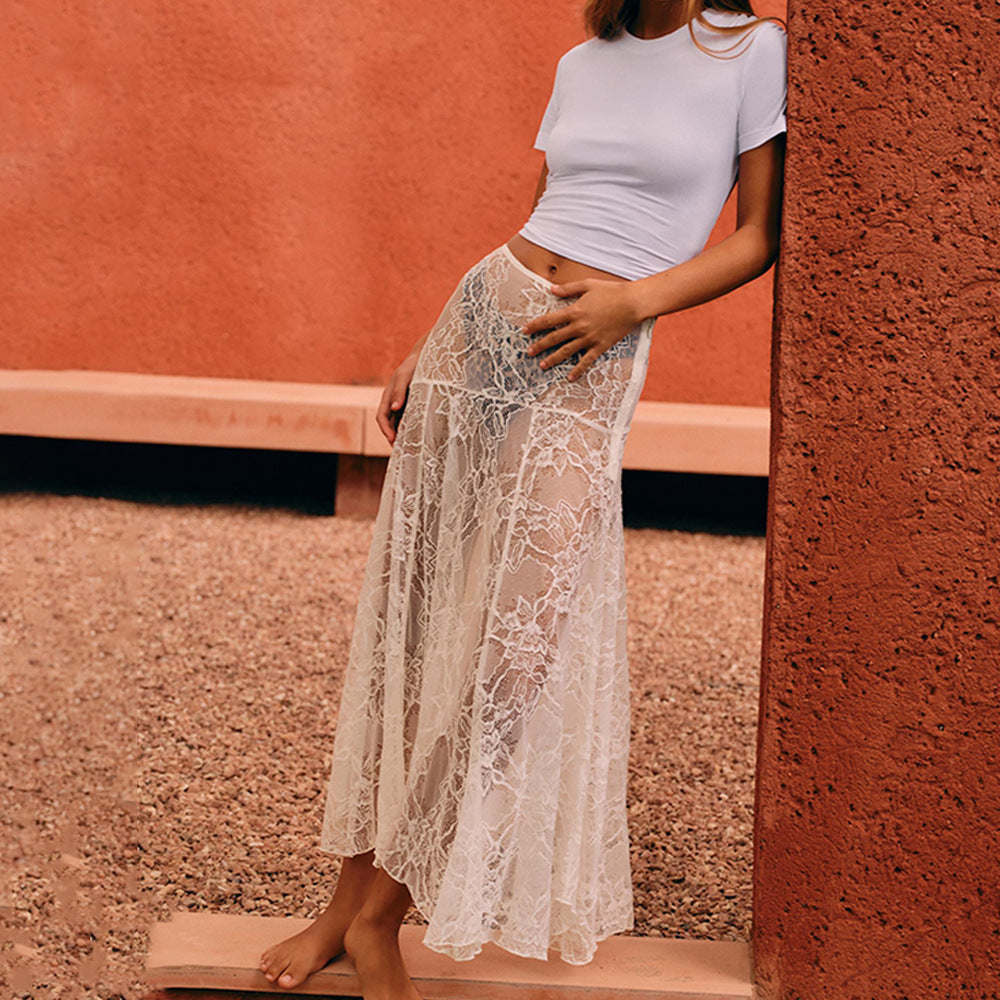 Women Lace See through Sexy Low Waist Skirt Solid Color Summer All Match Tutu Inner Wear Skirt