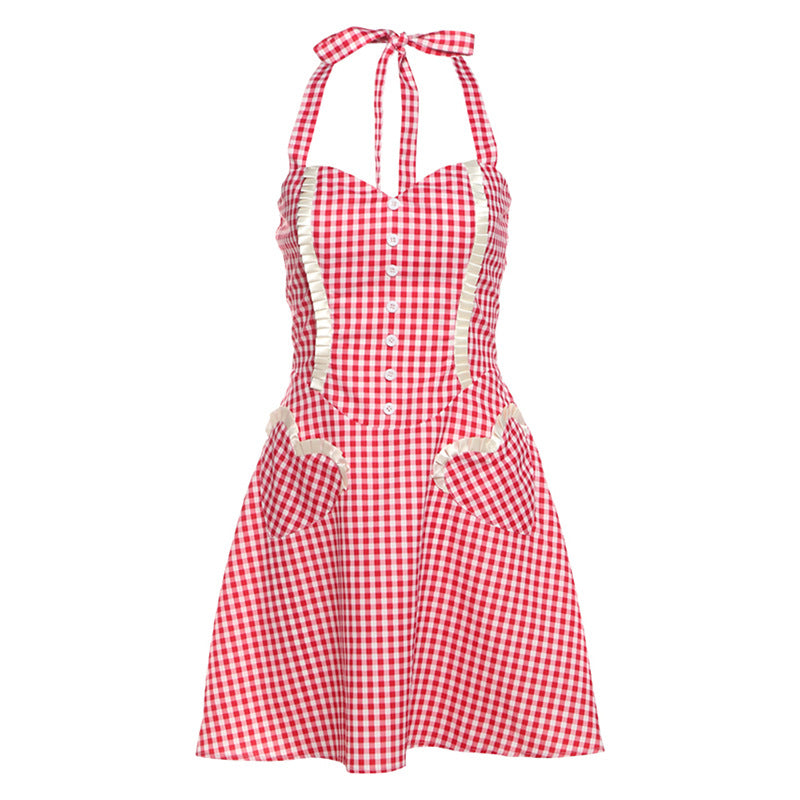 Summer Women Clothing Sexy Halter Contrast Color Slim Fit Slimming Lace up Plaid Dress