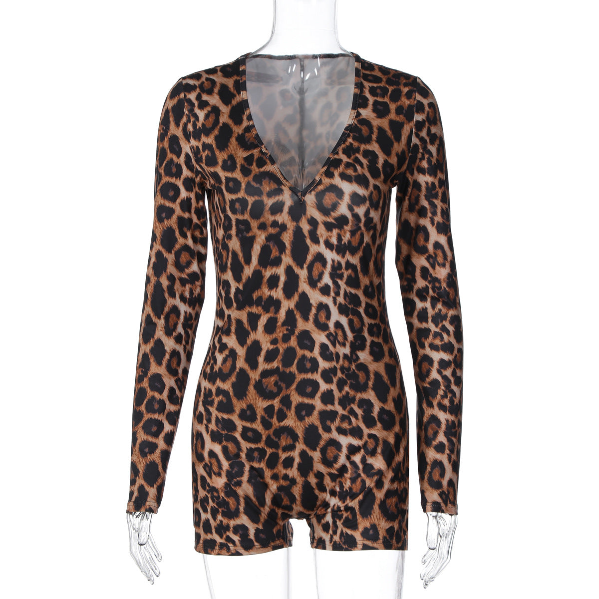 Women Clothing Autumn Winter Leopard Print V neck Long Sleeve Sexy Tight Jumpsuit Women