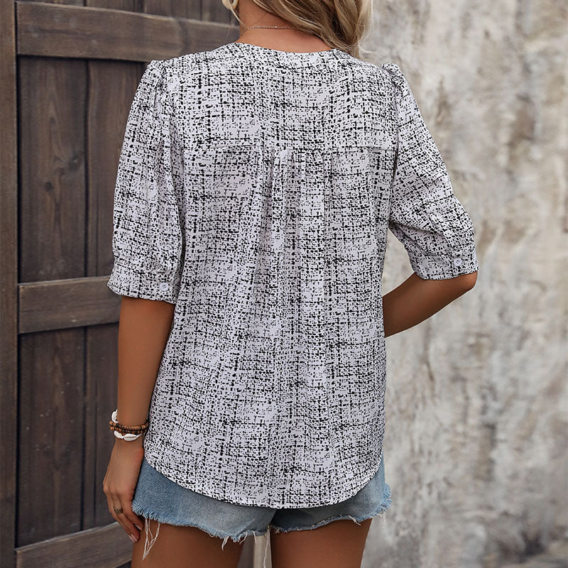 Summer Women Clothing Short Sleeve Stand Collar Color Matching Shirt for Women