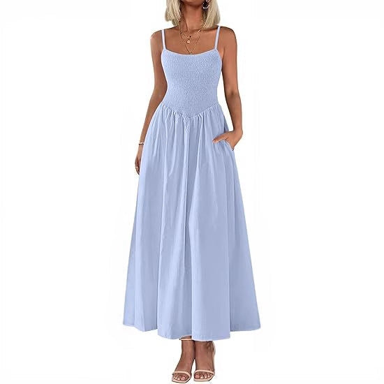 Women's Wear, Thin Shoulder Strap Pleated Vest, Suspender Pocket Dress