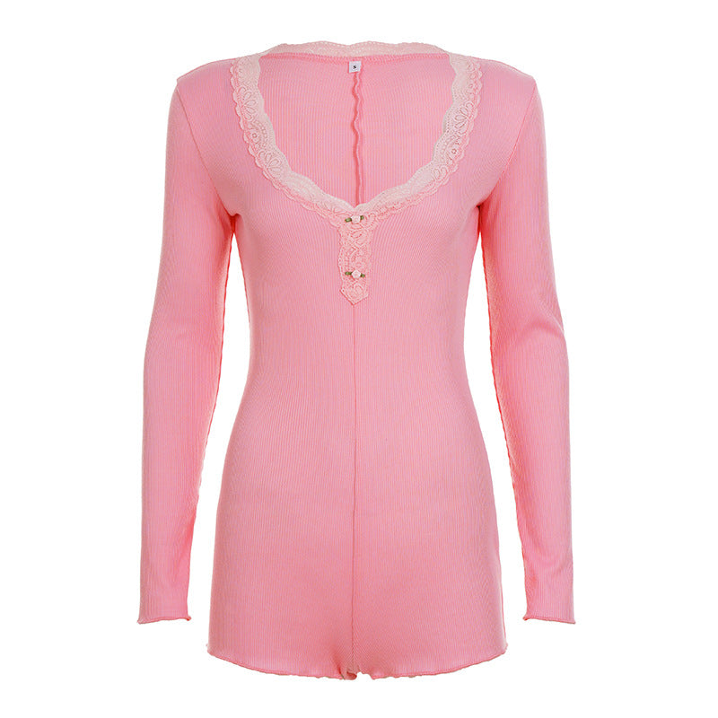 Casual Sexy Long Sleeve Jumpsuit V neck Sexy Lace Stitching Tight Pink Adult Lady like Woman Hip Shorts Women
