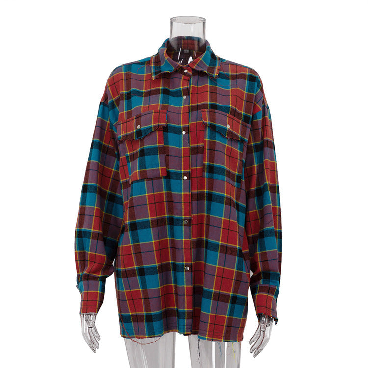 Fall Collared Long Sleeve Top Women Retro Loose Single Row Multi Buckle Plaid Shirt Women
