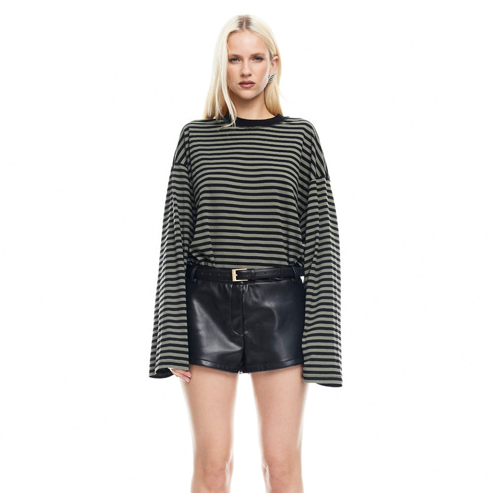 Arrival Long Sleeved Striped T shirt Casual Contrast Color Slim round Neck Top