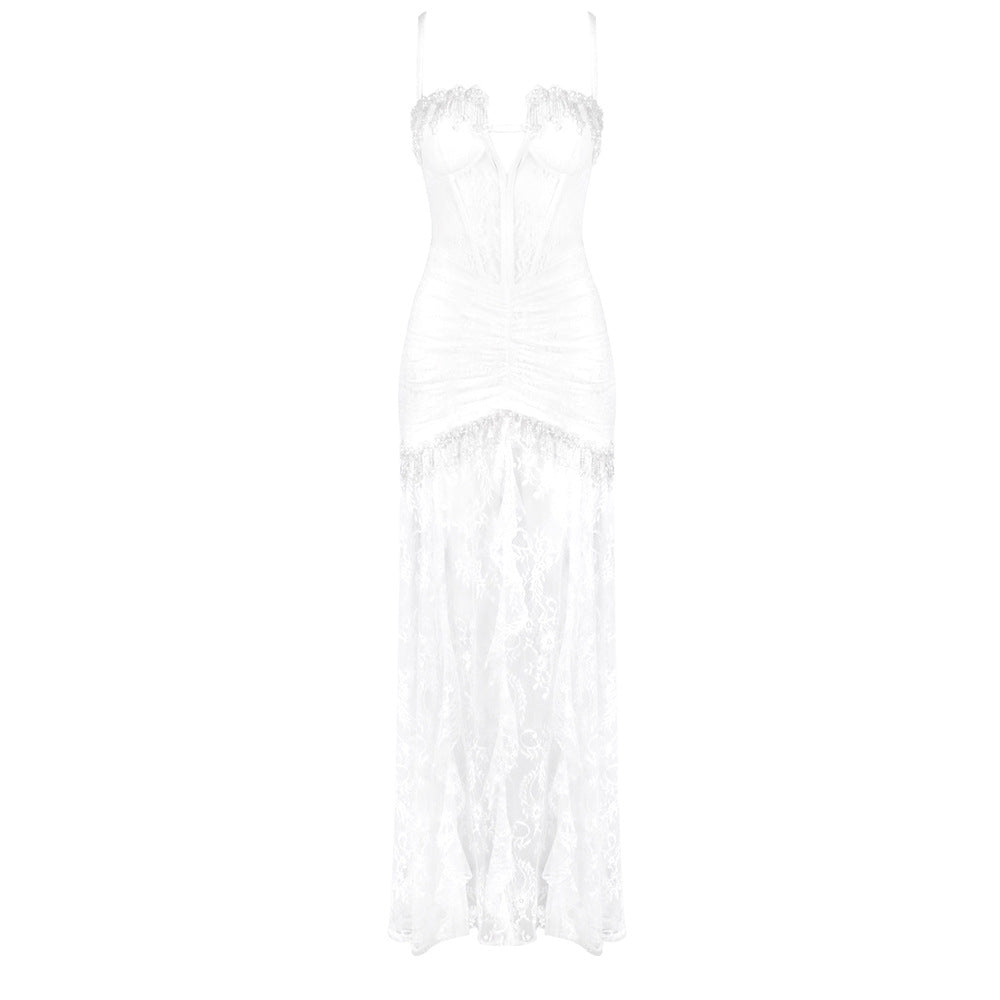 Women White Sexy Tube Top off Shoulder Lace Slim Long Wedding Dress
