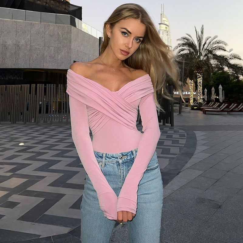 Arrival Sexy V neck off Shoulder Stitching Long Sleeve Solid Color Slim Fit All Match Jumpsuit