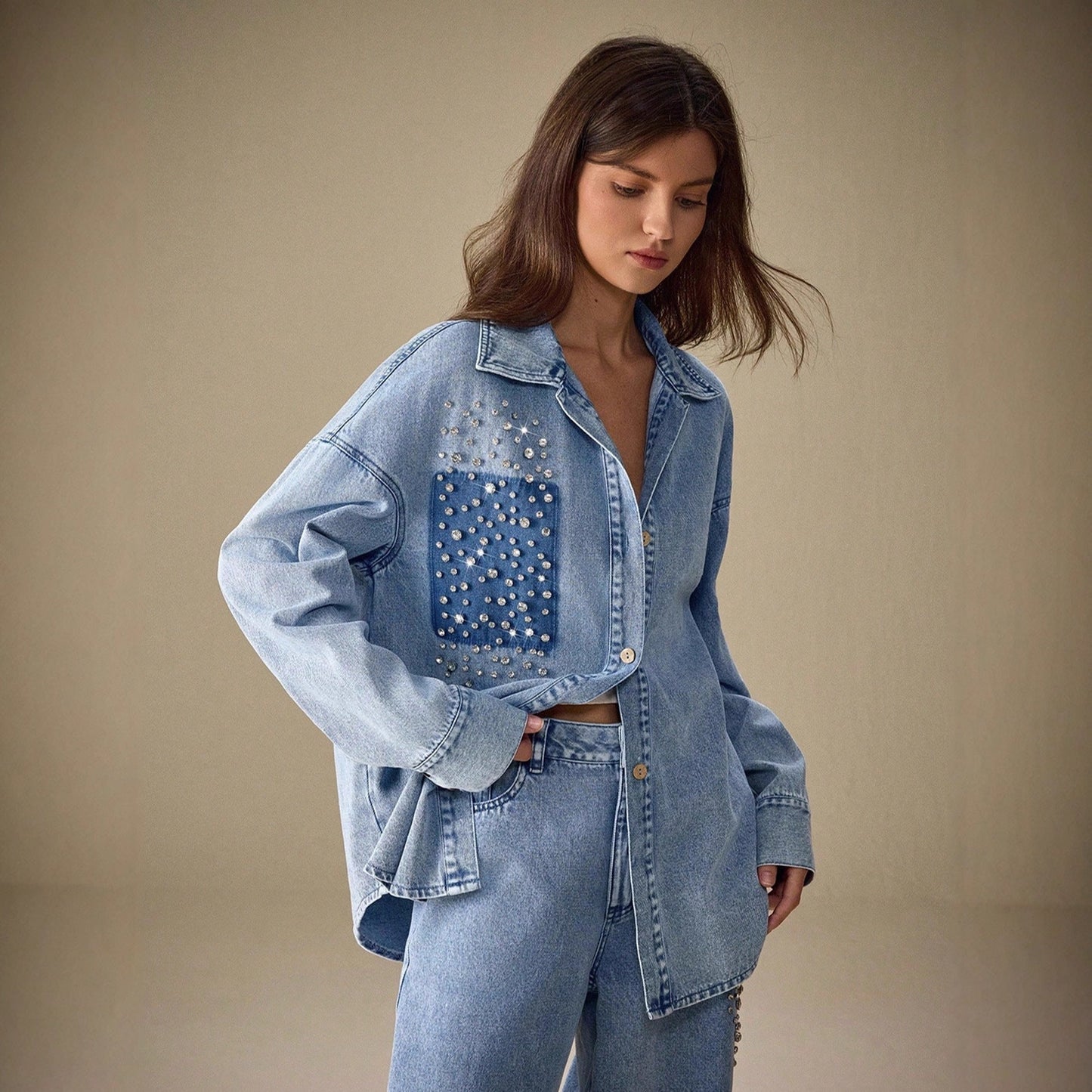 Women Clothing Light Luxury Diamond Casual Washed out Loose Denim Shacket