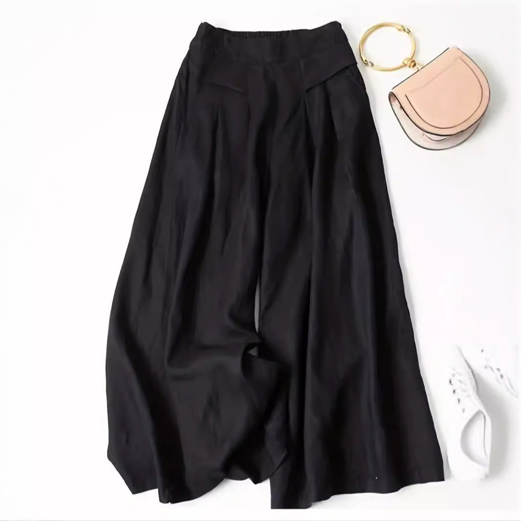 Solid Color Elastic Waist High Waist Drooping Wide Leg Skort Women French Summer Daily Casual Loose Slimming Cropped Pants