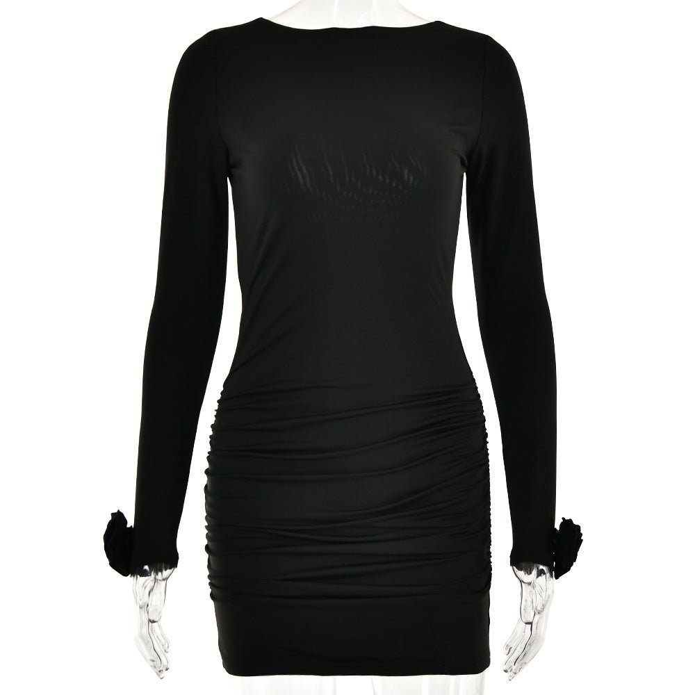 Sexy Long Sleeve round Neck Stitched Backless Hip Dress Women Short Dress