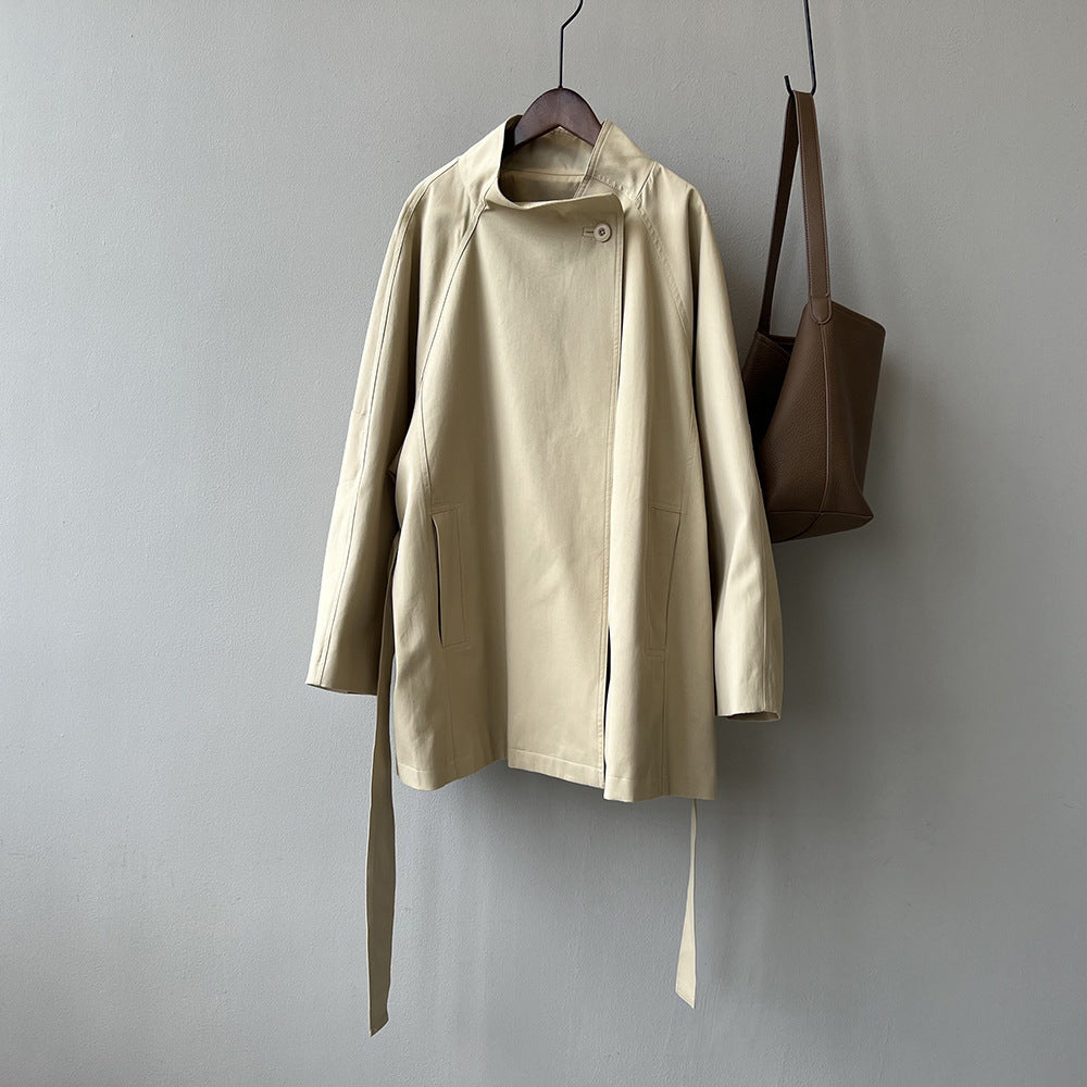 Retro Elegant Mid Length Trench Coat Women Spring Loose Waist Stand Collar Top