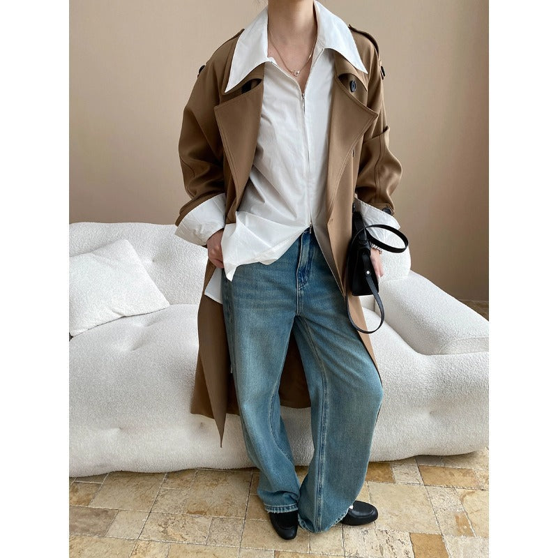 Autumn Atmosphere Fully Open Classic Collared Double Breasted Lace up Profile Trench Coat