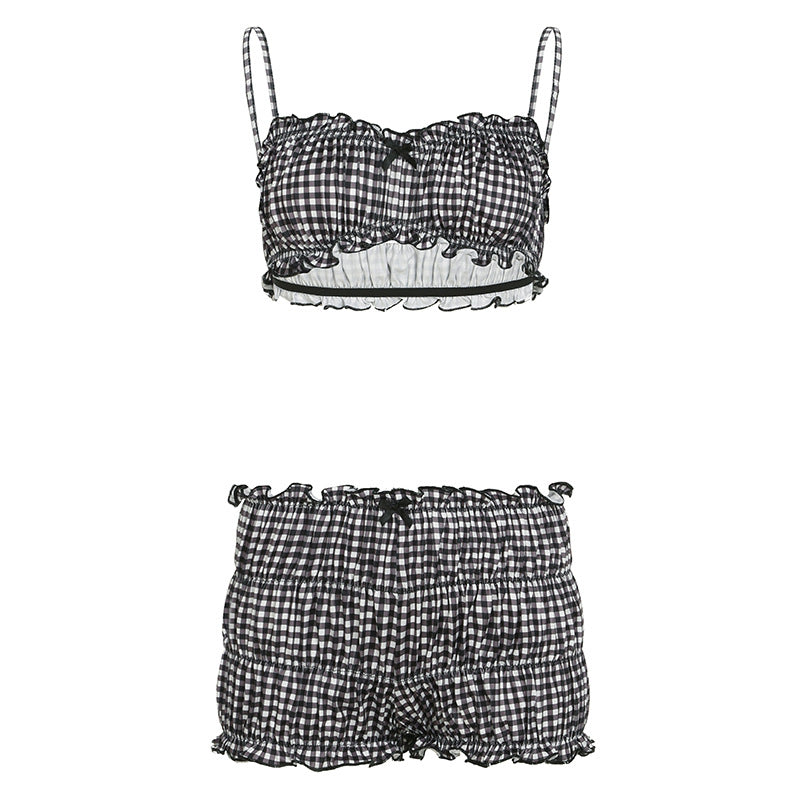 Summer Vacation Women Plaid Suspender Top Shorts Sexy Swimsuit Two Piece Sets Women