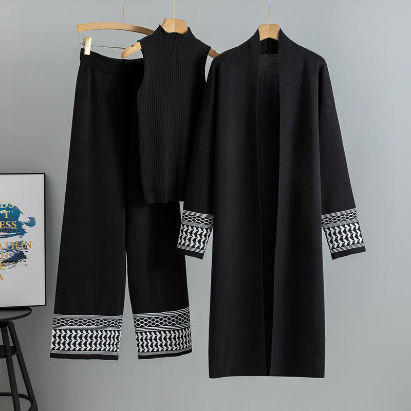 Autumn Winter Middle East Elegant Graceful Cardigan Robe Knitted Wide Leg Pants Three Piece Set for Women