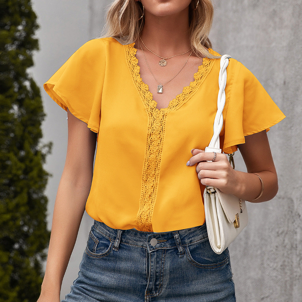 Summer Simple Ladies V neck Casual Loose Hollow Out Women