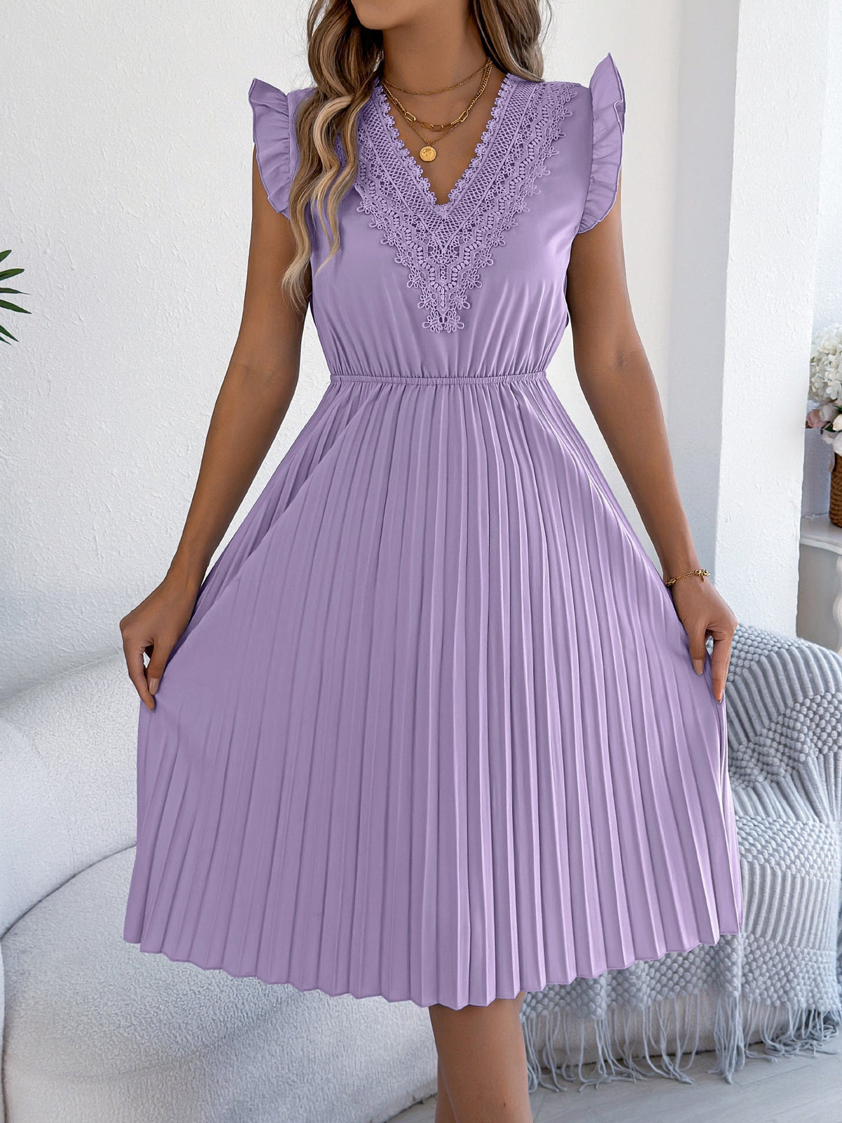 Women Clothing Spring Summer Casual Lace V neck Wooden Ear Cinched Pleated Dress