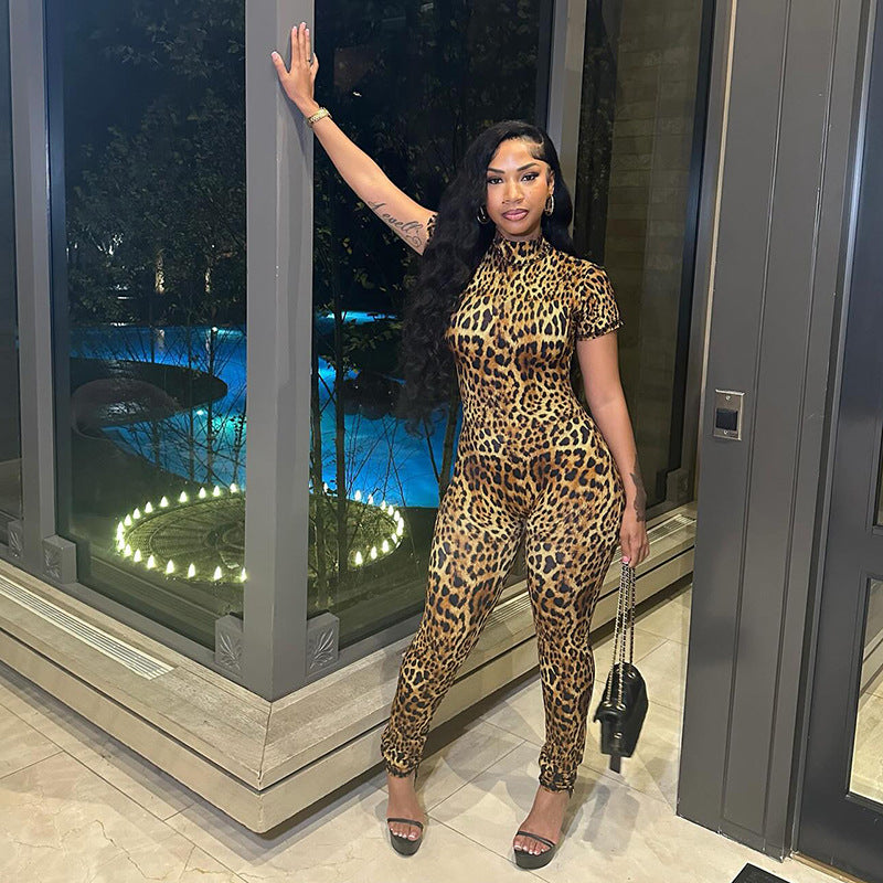 Spring Sexy Backless Skinny Personalized Printed Short Sleeved Jumpsuit Women Clothing