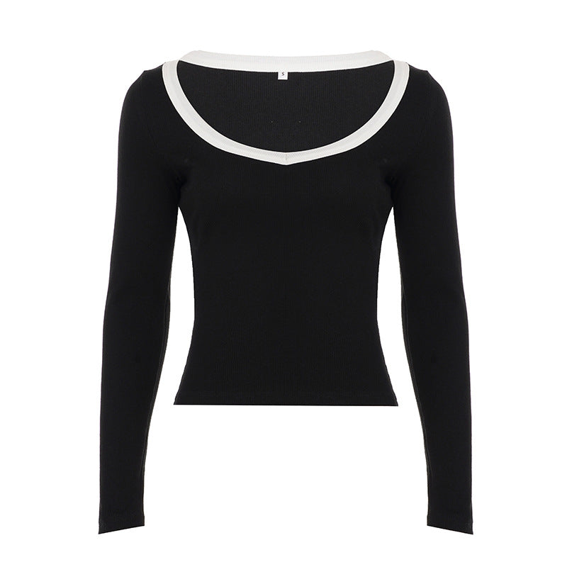 Casual V neck Color Contrast Long Sleeve T shirt Women Autumn Basic Slim Fit Slimming Knitted Top