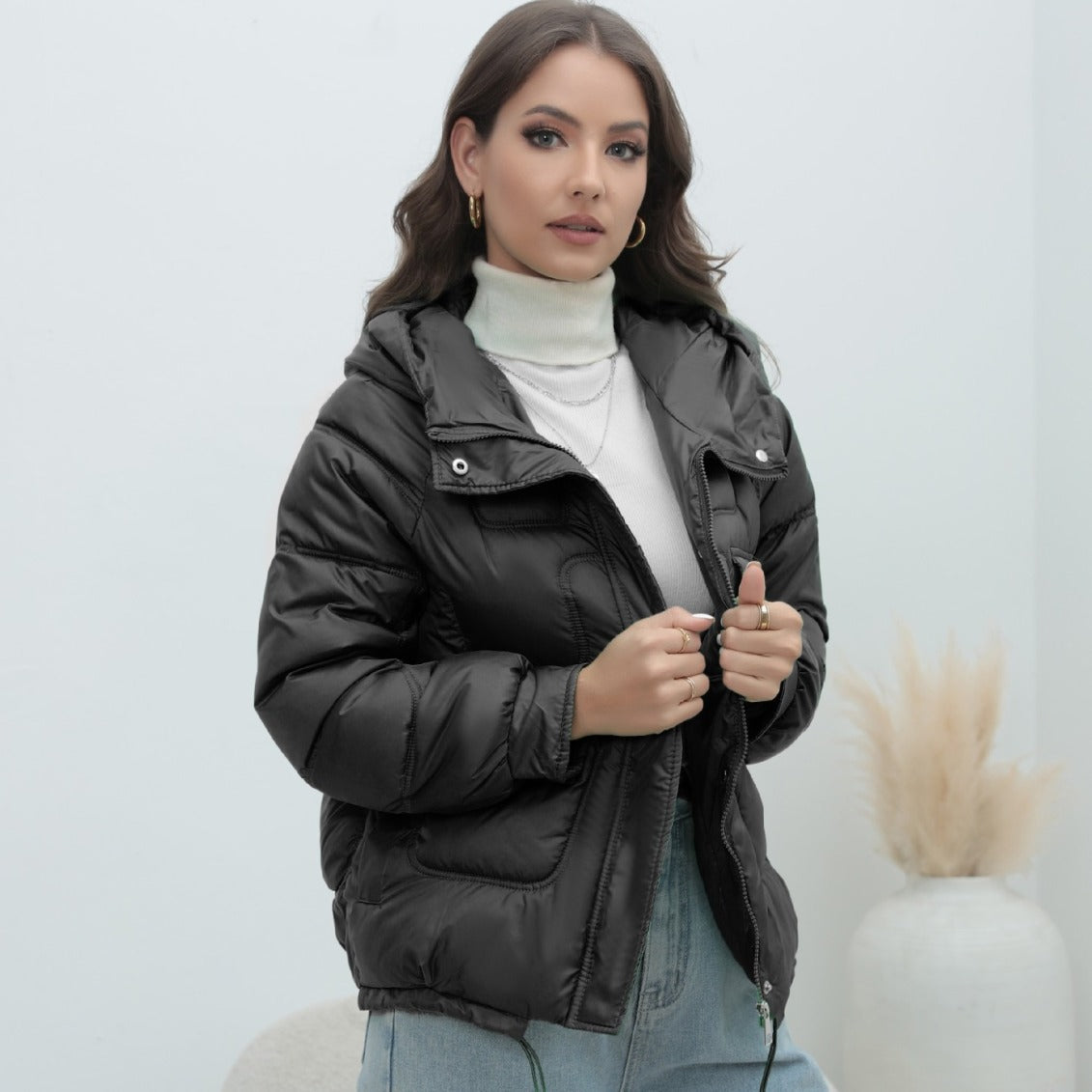 down Cotton Padded Coat Women Winter Thickened Padded Jacket Popular Bright Color Stand Collar Cotton Padded Coat