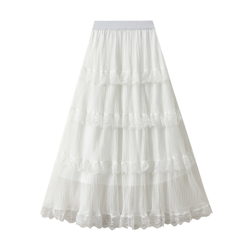 Wave Pleated Mesh Stitching Lace Skirt Women Spring High Waist Slimming Fairy Tiered Dress