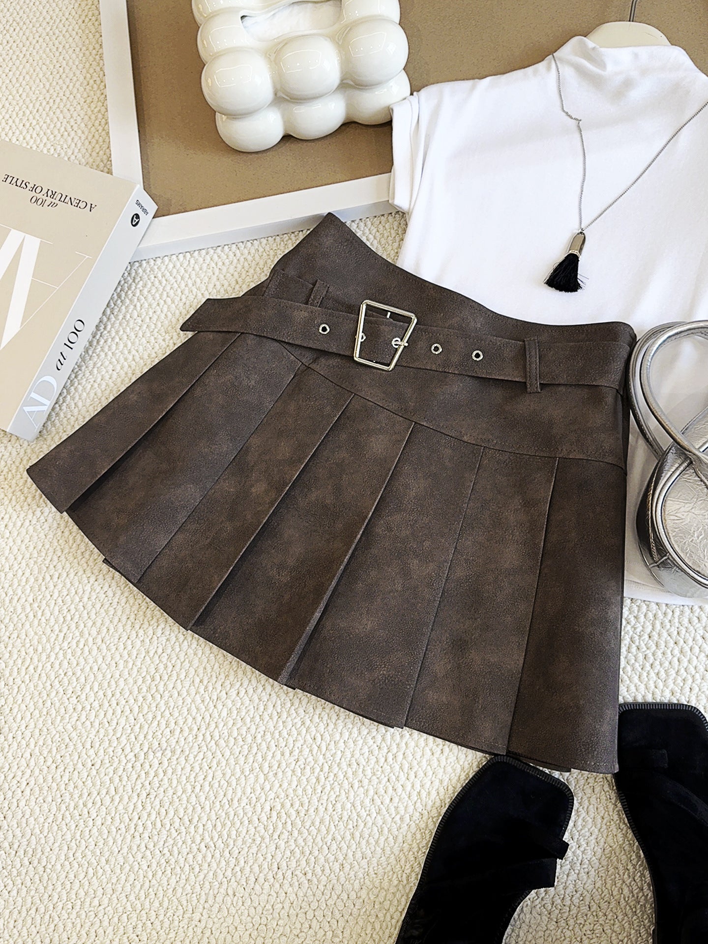 Maillard Tie Dyed Skirt Women Faux Leather Skirt Autumn Winter High Waist Slimming A line Skirt Brown Pleated Skirt