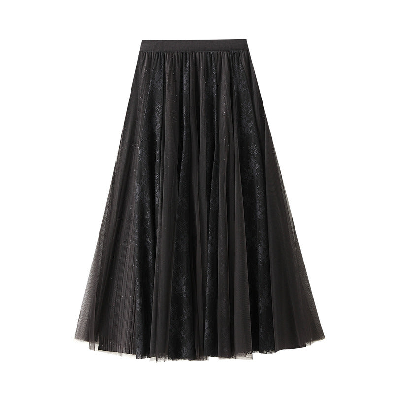 French Lace Mesh Patchwork High Waist Elastic Skirt Women Autumn Front Back Wear Slimming Elegant Maxi Skirt
