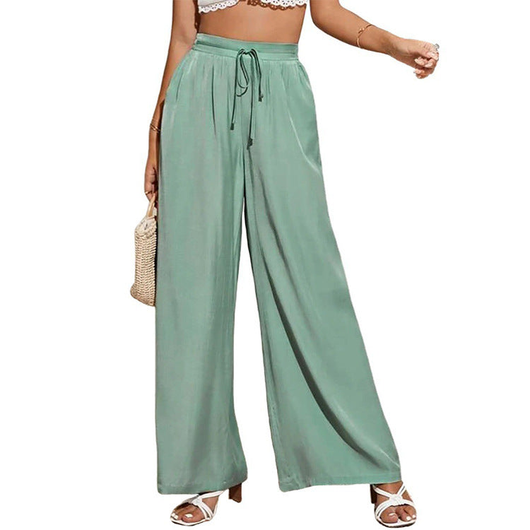 Summer Women High Waist Casual Trousers Solid Color Elastic Waist Lace-up Loose Wide-Leg Pants Women