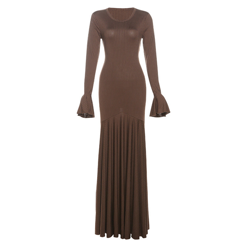 Autumn Winter round Neck Waist Trimming Flared Long Sleeve Dress Elegant Fishtail Solid Color Dress