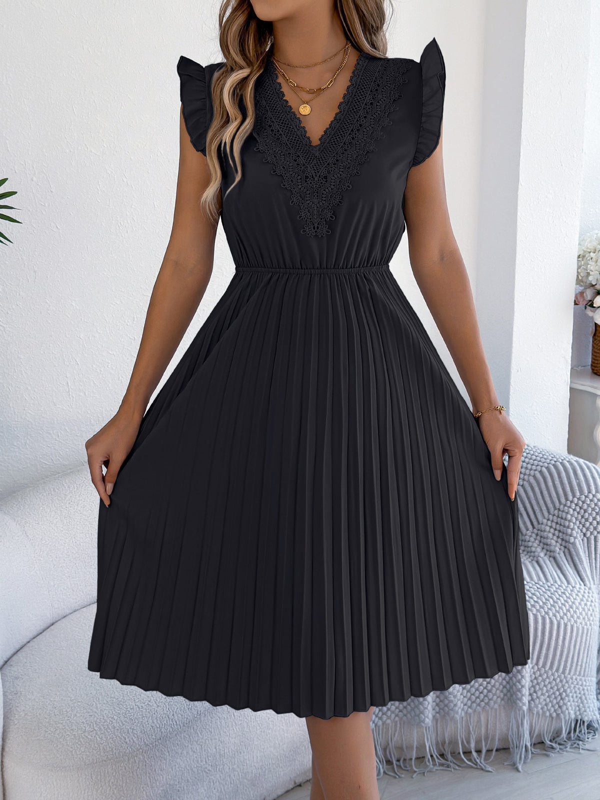 Women Clothing Spring Summer Casual Lace V neck Wooden Ear Cinched Pleated Dress
