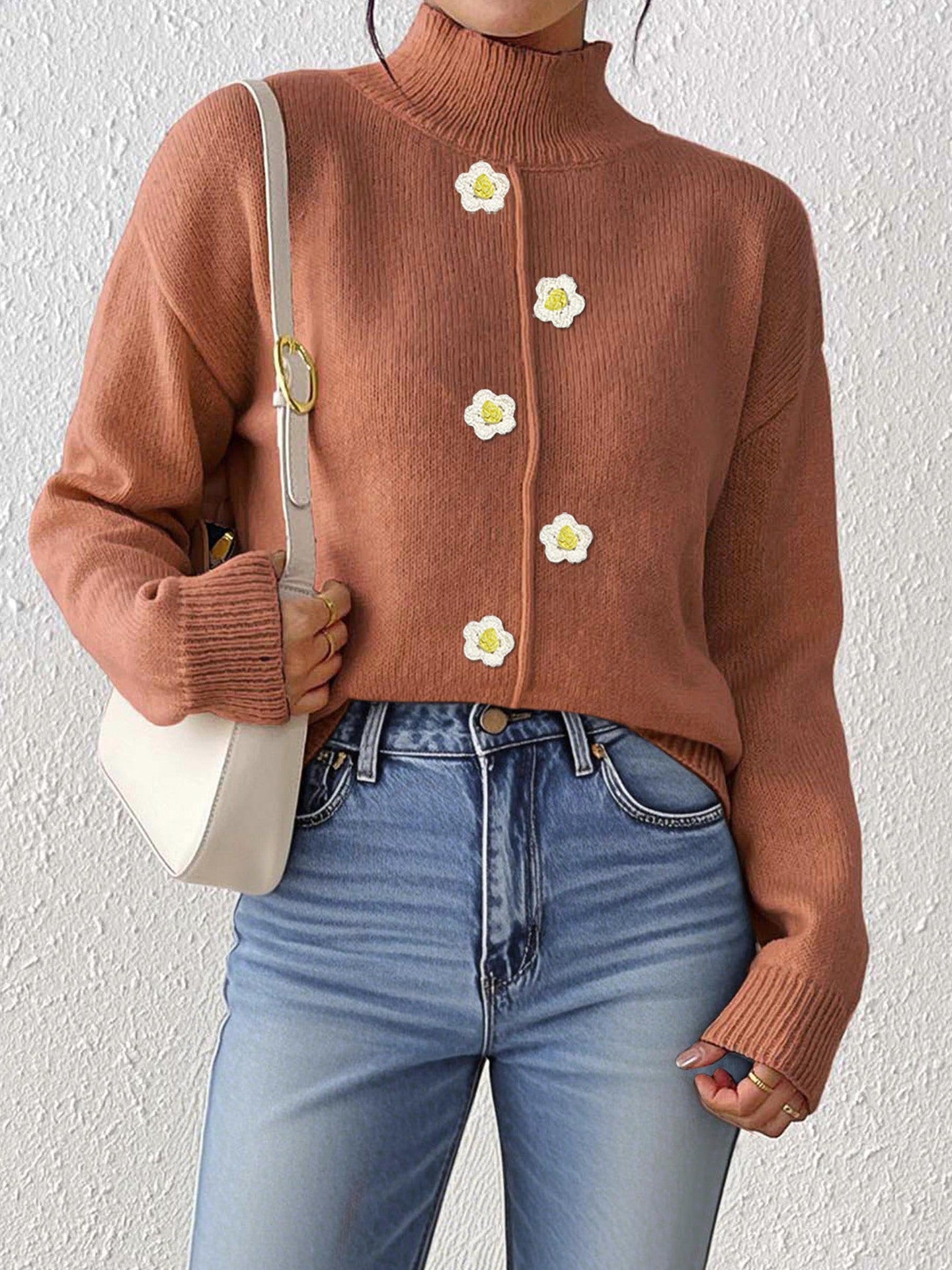 Women Clothing Half Turtleneck Pullover Three Dimensional Crocheted Decorative Bottoming Shirt Sweater