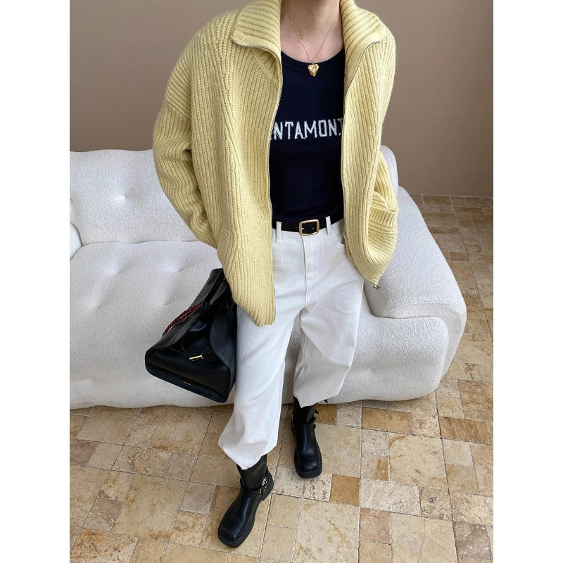 Loose Feeling Weekend Soft Glutinous Idle Double Zipper Loose Knitted Cardigan Sweater Coat