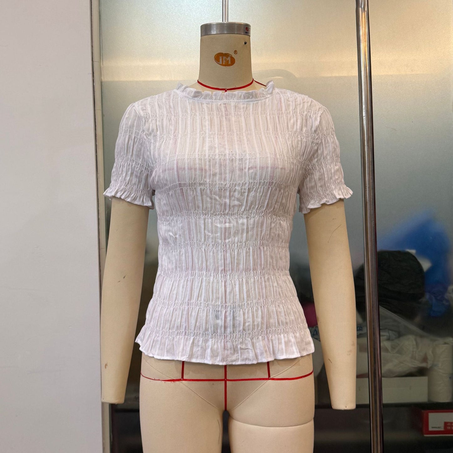 Women Clothes Solid Color Grid Casual All Matching Slim Fit Fitted Waist Pleated Cropped Short Sleeved Top