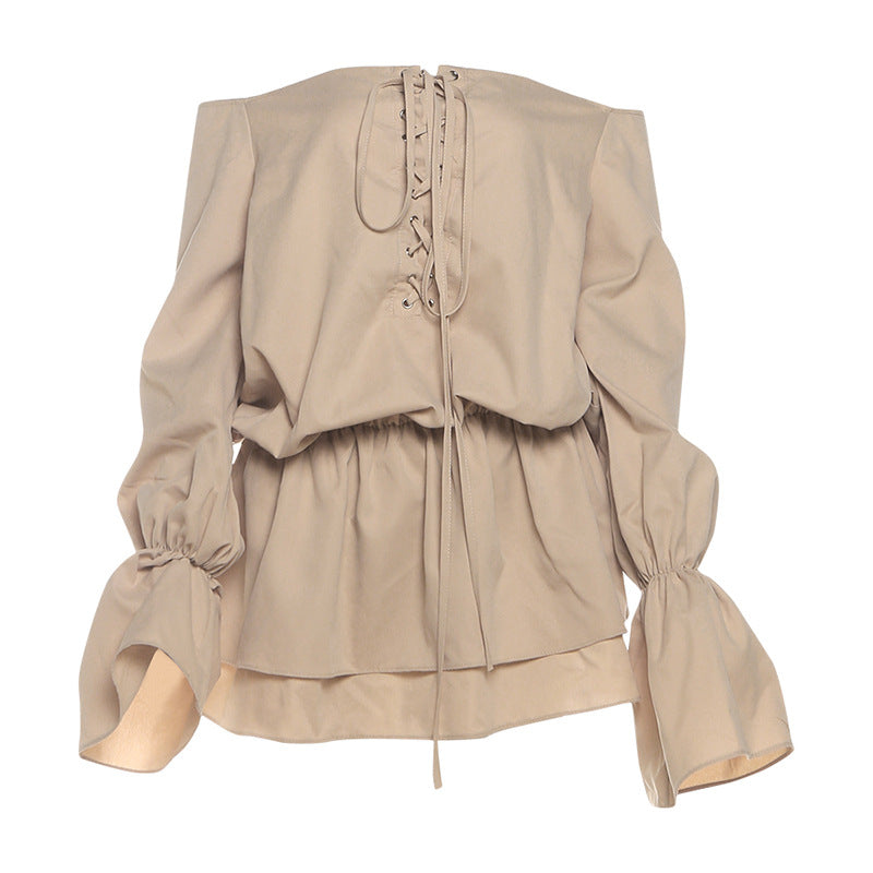 Women Clothing Fall Sexy Solid Color off Shoulder Backless Loose Lace up Bell Sleeve Dress