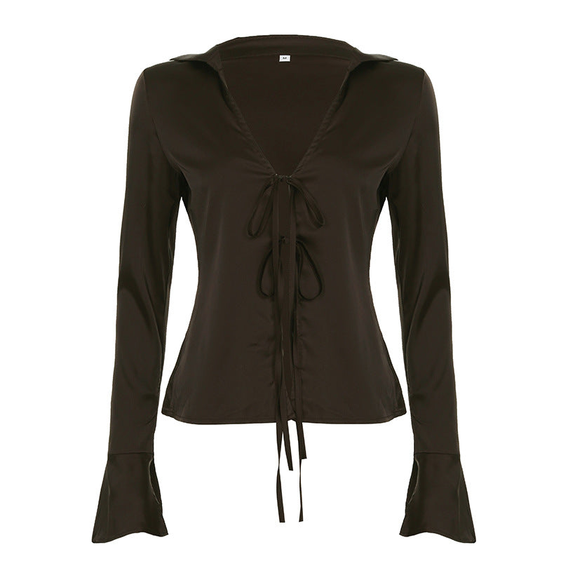 Solid Color Satin Comfort Casual Sexy Shirt Lace up Cardigan Micro Pull Long Sleeved Top Autumn