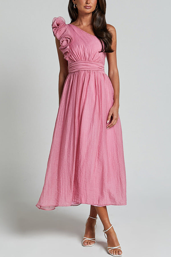 Summer Sexy Solid Color Sloping Shoulder Backless Dress Women
