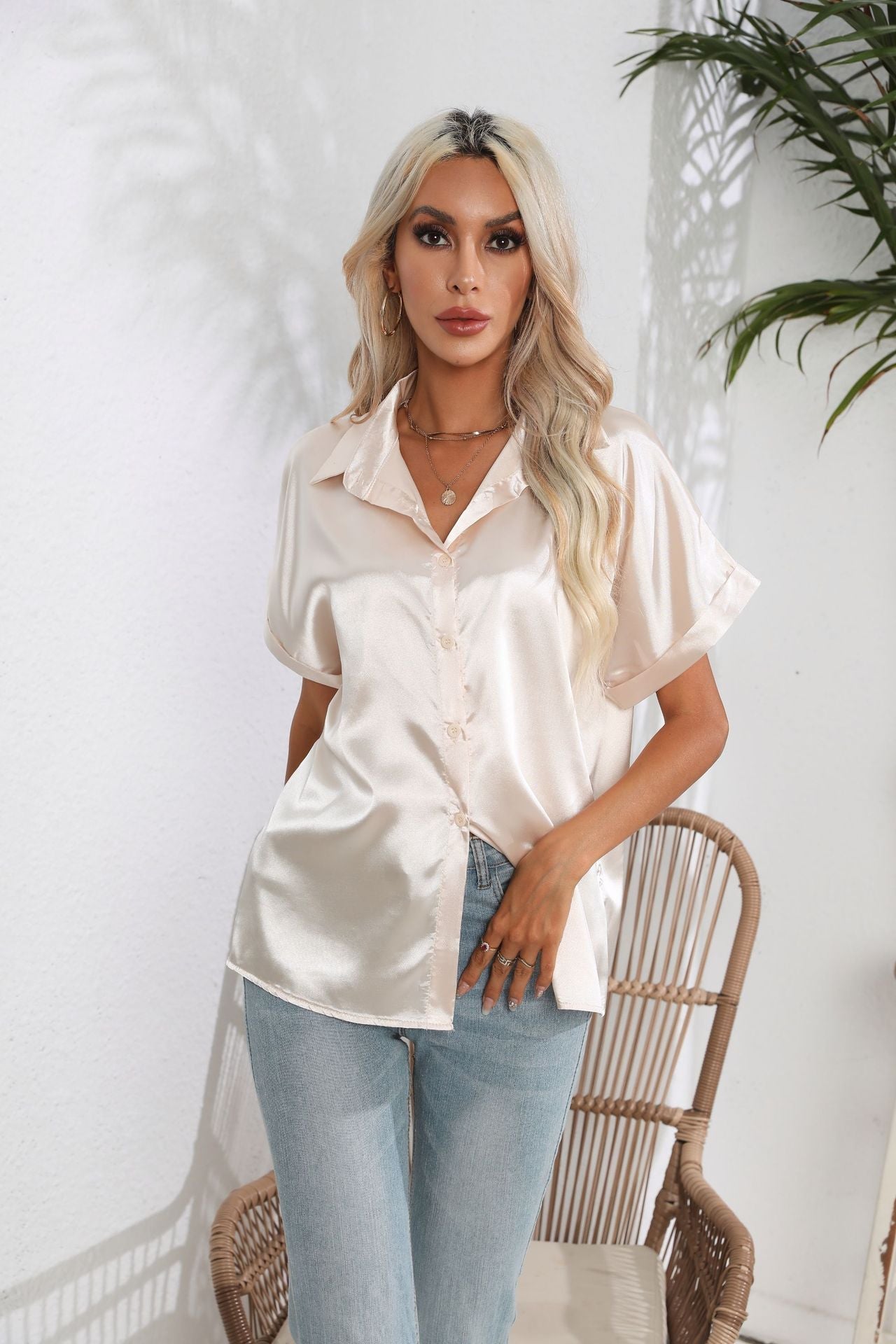 Shot Roll Sleeve Satin Shirt Women Satin Artificial Silk Short Sleeve Shirt Women Clothing