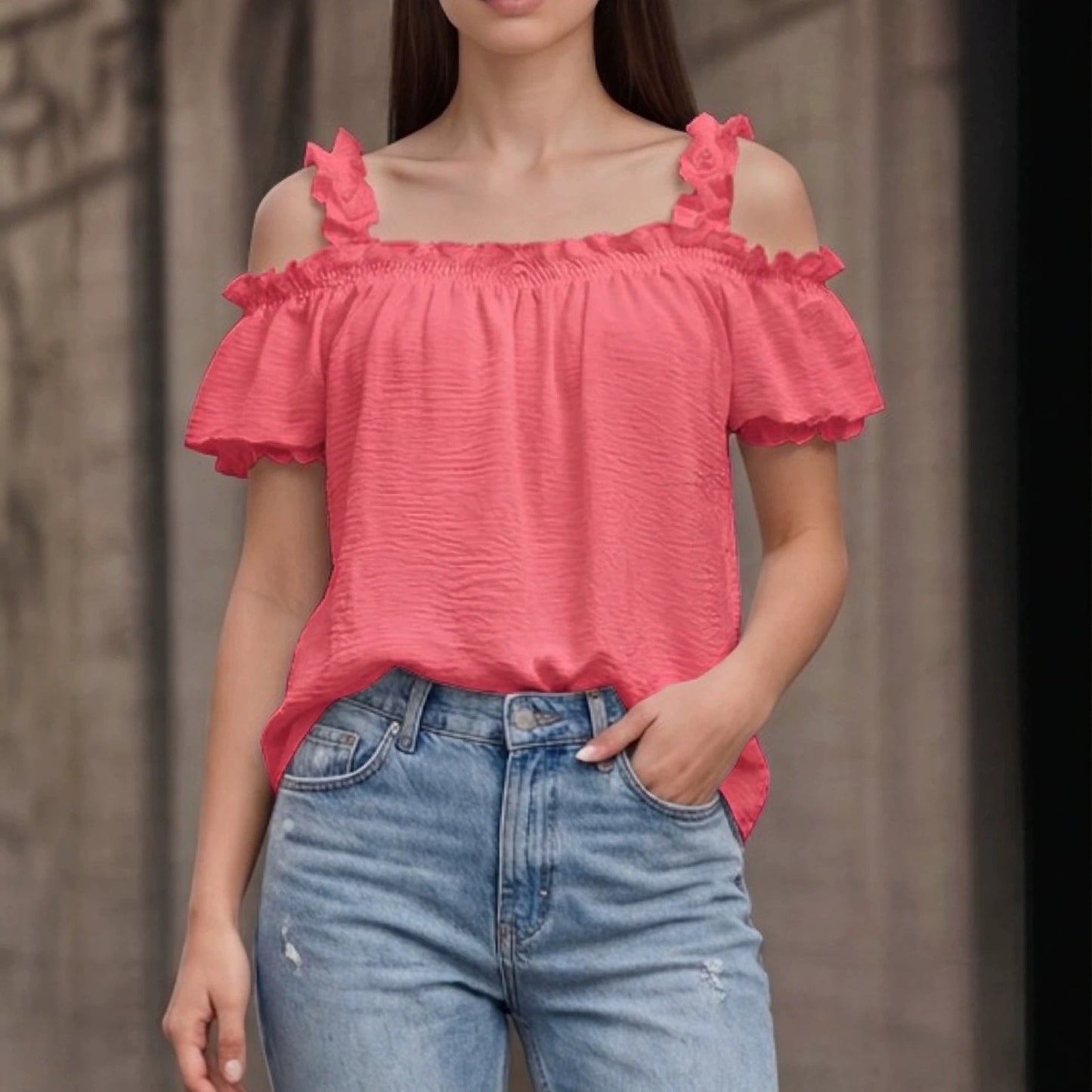 All Match Solid Color V neck Ruffled off the Shoulder Casual Sling Top