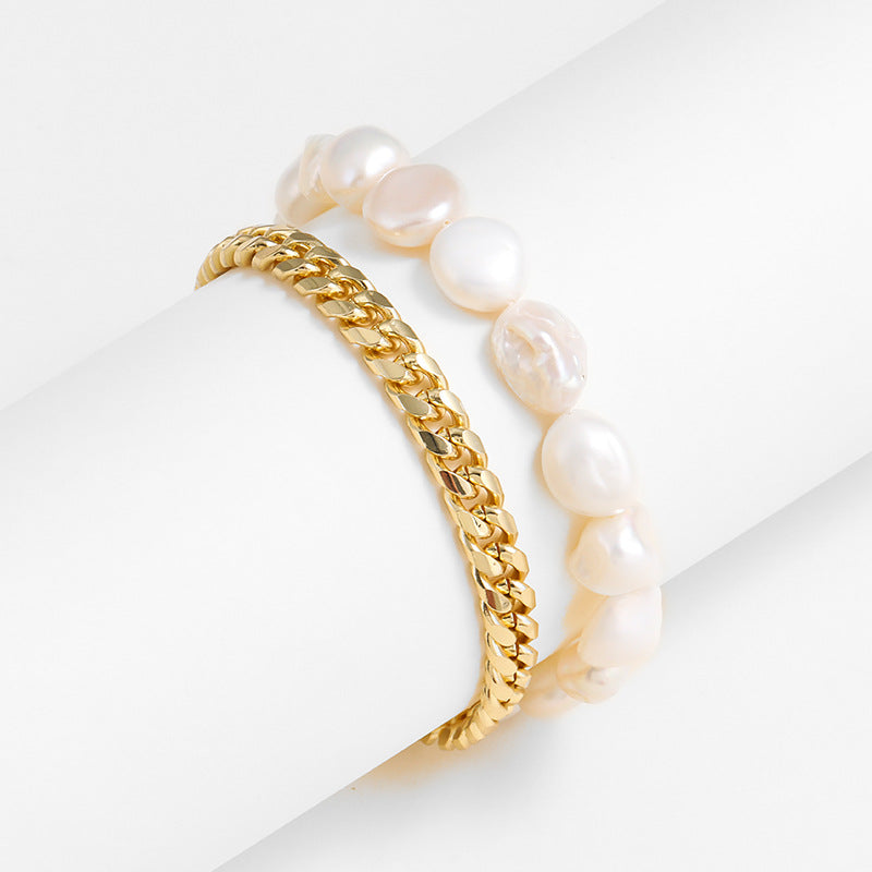 Natural Pearl Double Row Stacked Bracelet Simple Diamond Lock Set Bracelet