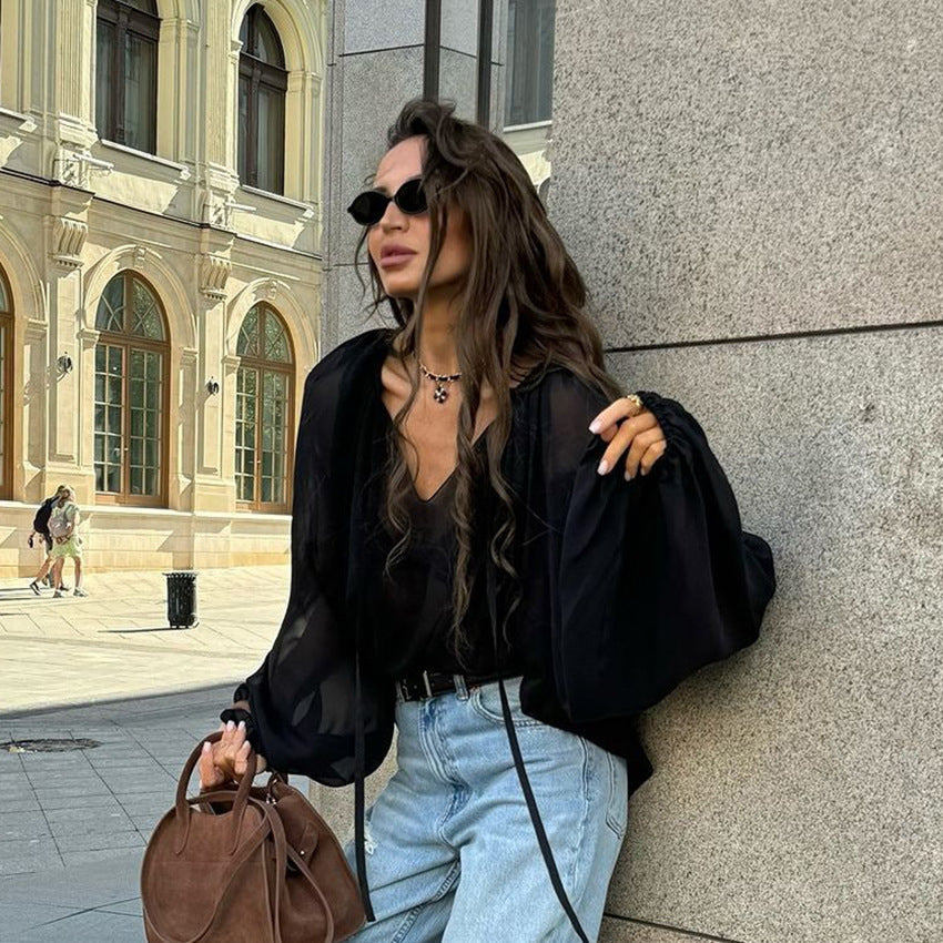 Autumn Winter Sexy Design Slightly Transparent Chiffon Black Mysterious Loose V neck Sleeve Niche Lace up Shirt
