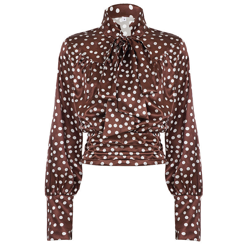 Elegance Polka Dot Hollow Out Cutout out Long Sleeve Shirt Women Retro Casual Design Blouse