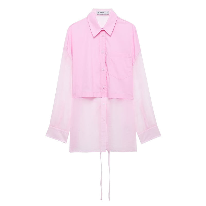 Spring Summer Women Clothing Commuting Transparent Organza Stitching Loose Long Sleeve Shirt